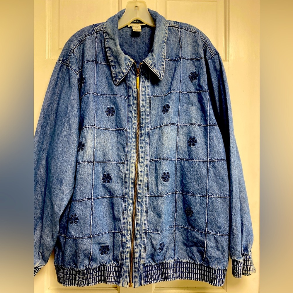 Vintage Alfred Dunner Flower Patch Zippered Jean Denim Jacket Plus Size 22W